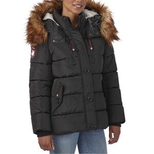 Canada Weather Gear Sherpa-Lined Faux Fur Hooded Puffer Coat In Black, Sz. S